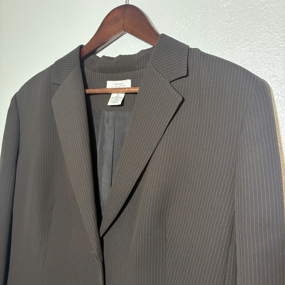 Ann Taylor Loft Pinstripe Blazer Black Brown Two Button Professional Size 12